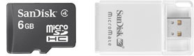 Sandisk 6GB Micro SD (SDHC) memory card with Sandisk USB reader.