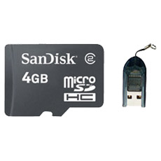 Sandisk 4GB Micro SD (SDHC) memory card with TINY USB reader.
